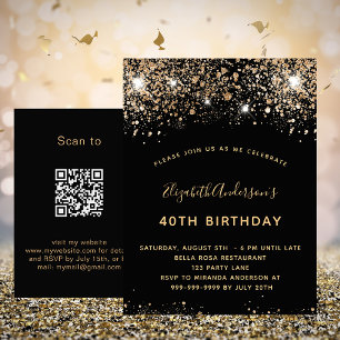 誕生日ブラック金ゴールドグリッターQR RSVP招待 ポストカード