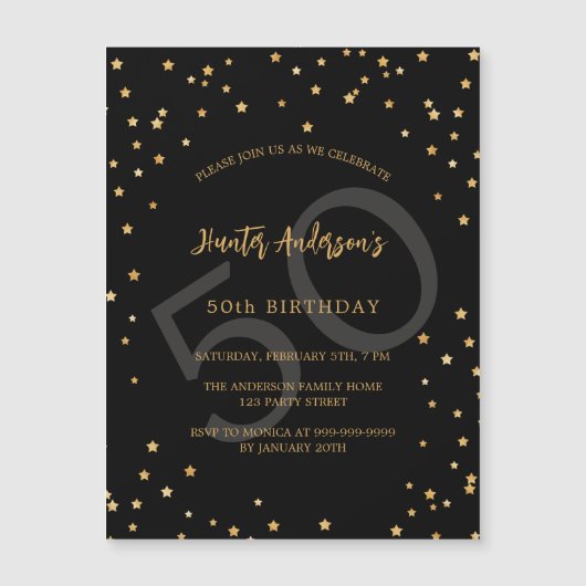 誕生日ブラック金ゴールドスターズ数高級 マグネット招待状 (正面)