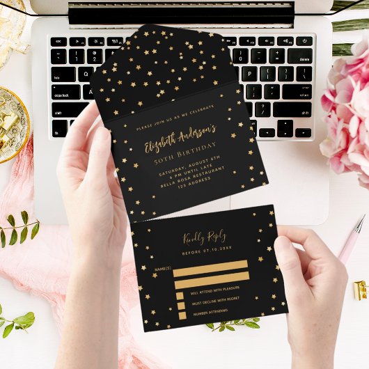 誕生日ブラック金ゴールドスターパーティーRSVP オールインワン招待状