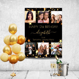 誕生日ブラック金ゴールドスターフレンド写真コラージュ ポスター