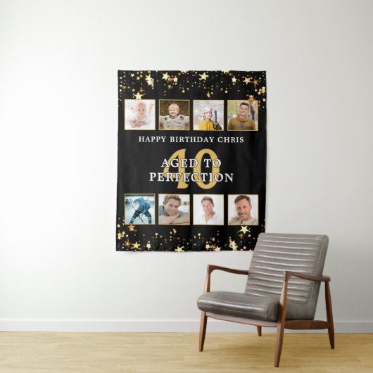 誕生日ブラック金ゴールドスター8枚パーソナライズされた写真 タペストリー (インサイチュ)