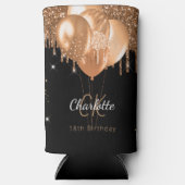 誕生日ブラック金ゴールドバルーンのモノグラム名 スリム缶クーラー (正面)