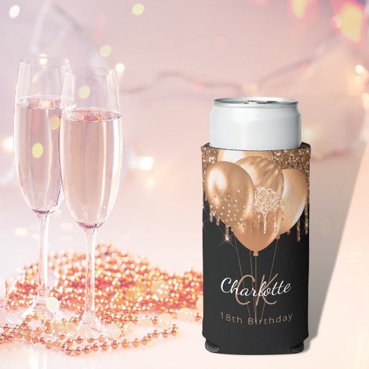 誕生日ブラック金ゴールドバルーンのモノグラム名 スリム缶クーラー