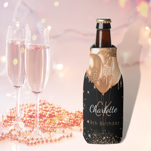 誕生日ブラック金ゴールドバルーンのモノグラム名 ボトルクーラー
