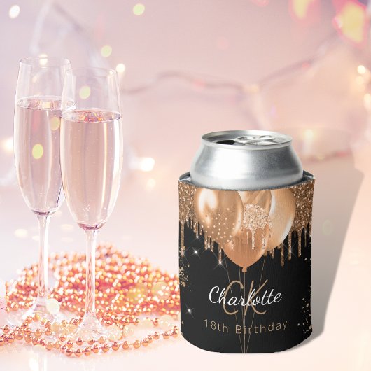 誕生日ブラック金ゴールドバルーンのモノグラム名 缶クーラー