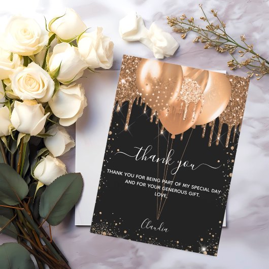 誕生日ブラック金ゴールドバルーンサンキューカード 招待状