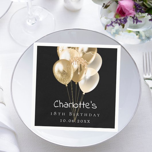 誕生日ブラック金ゴールドバルーン スタンダードカクテルナプキン
