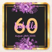 誕生日ブラック金ゴールドパープル花模様名 スクエアペーパーコースター (正面)