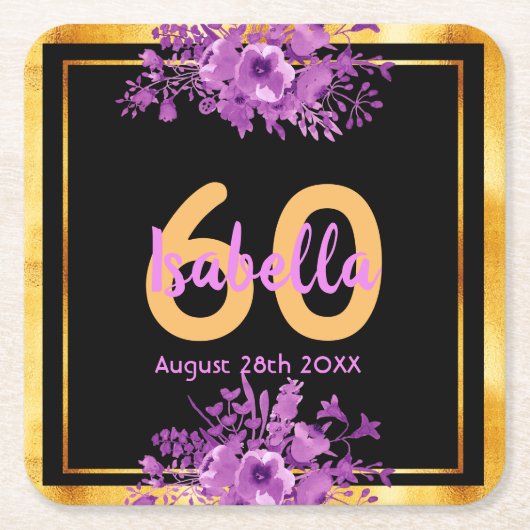 誕生日ブラック金ゴールドパープル花模様名 スクエアペーパーコースター (正面)