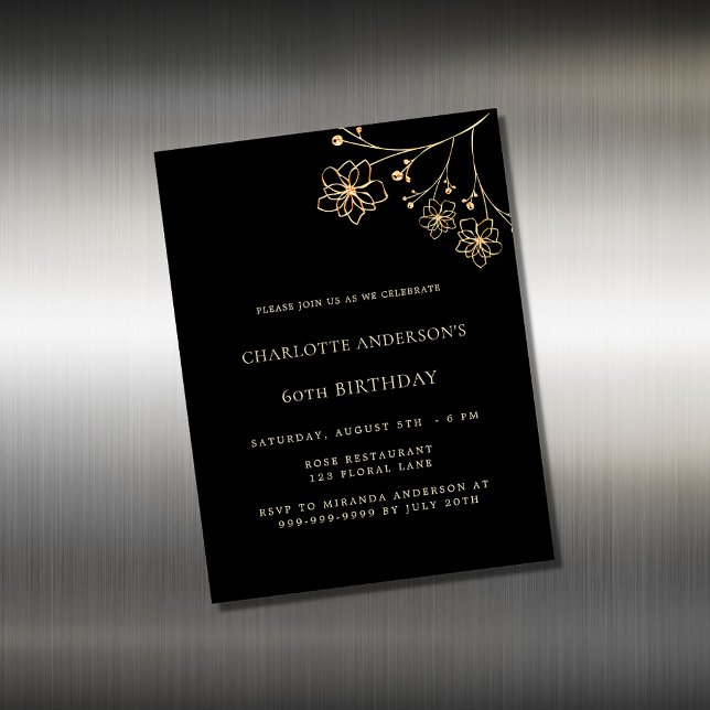 誕生日ブラック金ゴールドフローラ磁石の招待 (クリエイターアップロード済み)