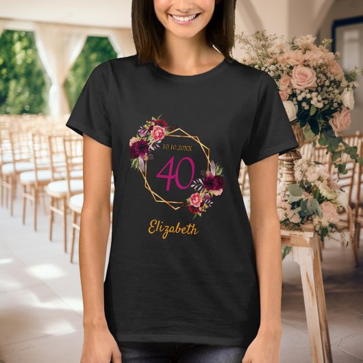 誕生日ブラック金ゴールドブルゴーニュ花模様 Tシャツ