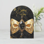 誕生日ブラック金ゴールドマーブルジュエルペイズリーボウ 招待状 (スタンド正面)