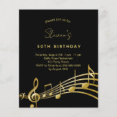 誕生日ブラック金ゴールドミュージックノートの予算招待状 チラシ (正面)