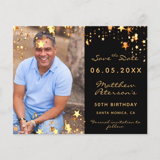 誕生日ブラック金ゴールド写真予算Save the Date (正面)