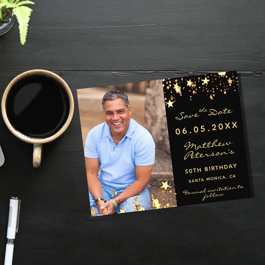誕生日ブラック金ゴールド写真予算Save the Date チラシ