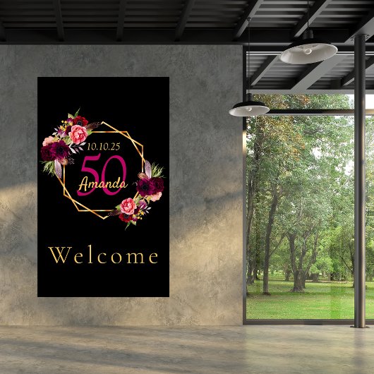 誕生日ブラック金ゴールド幾何学的花模様ブルゴーニュ ポスター