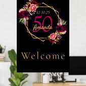 誕生日ブラック金ゴールド幾何学的花模様ブルゴーニュ ポスター (ホームオフィス)