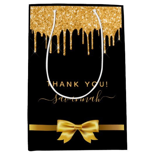 誕生日ブラック金ゴールド感謝していグリッターお願い ミディアムペーパーバッグ (正面)