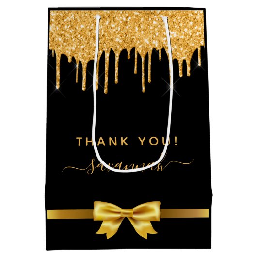 誕生日ブラック金ゴールド感謝していグリッターお願い ミディアムペーパーバッグ (裏面)