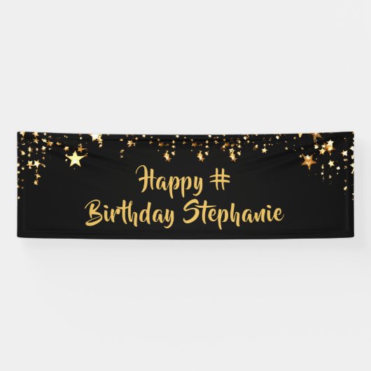誕生日ブラック金ゴールド星ブラシスクリプトのパーソナライズ 横断幕 (横)