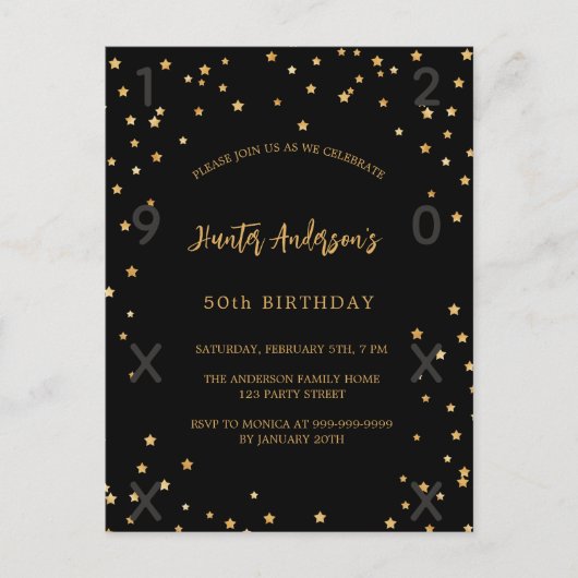 誕生日ブラック金ゴールド星年 インビテーションポストカード (正面)
