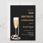 誕生日ブラック金ゴールド泡立ちワインパール 招待状 (正面)