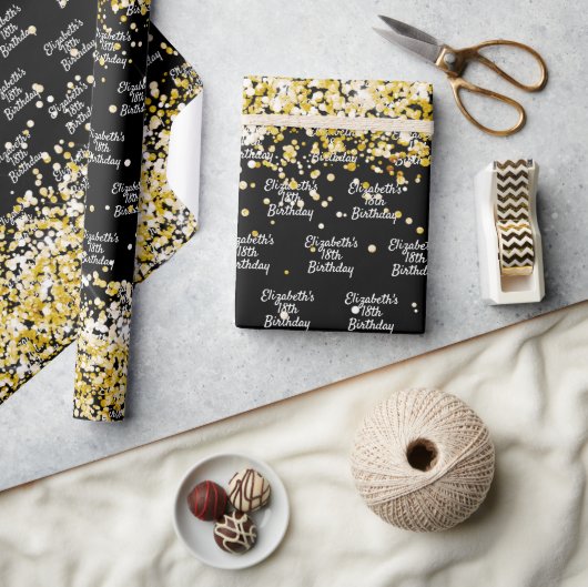 誕生日ブラック金ゴールド紙吹雪スパークル名 ラッピングペーパー (クラフト)