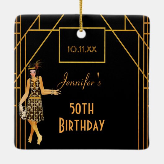 誕生日ブラック金ゴールド1920年代のスタイルアートデコ・レトロ セラミックオーナメント (裏面)