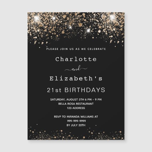 誕生日ブラック金ゴールド2人の友人ラグジュアリー マグネット招待状 (正面)