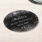 誕生日ブラック銀グリッタースパークル ラウンドペーパーコースター (アングル)