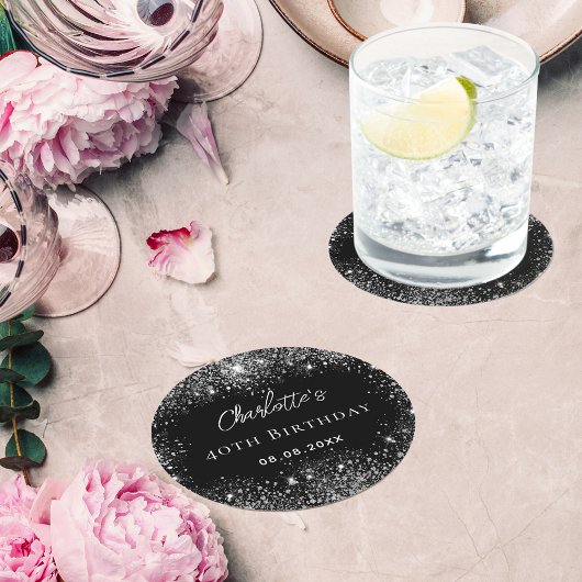 誕生日ブラック銀グリッタースパークル ラウンドペーパーコースター