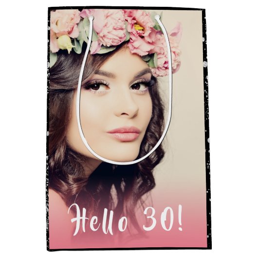 誕生日ブラック銀グリッターダスト写真hello 30 ミディアムペーパーバッグ (正面)