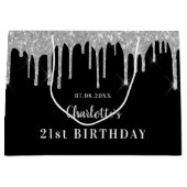 誕生日ブラック銀グリッタードリップモノグラム名 ラージペーパーバッグ (正面)