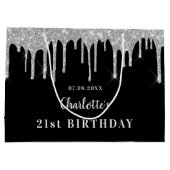 誕生日ブラック銀グリッタードリップモノグラム名 ラージペーパーバッグ (裏面)