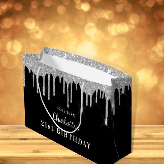 誕生日ブラック銀グリッタードリップモノグラム名 ラージペーパーバッグ