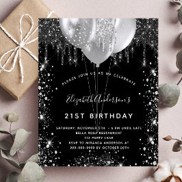 誕生日ブラック銀グリッター予算の招待 チラシ