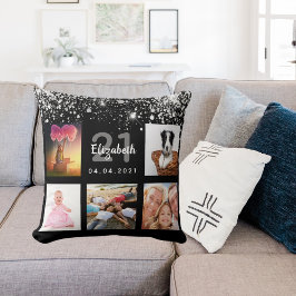 誕生日ブラック銀グリッター写真店名 クッション