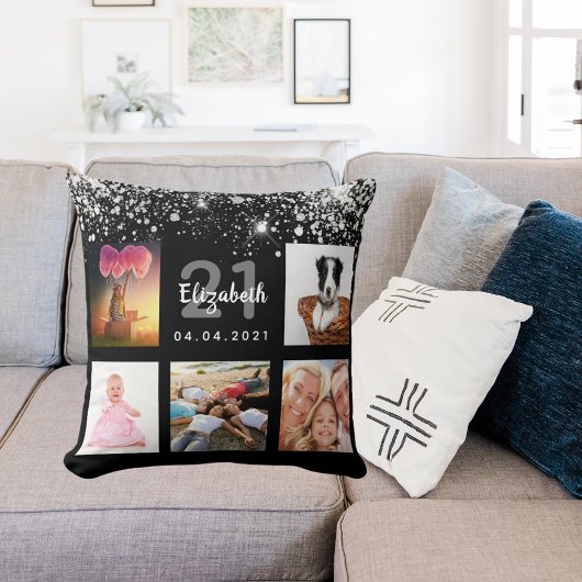 誕生日ブラック銀グリッター写真店名 クッション