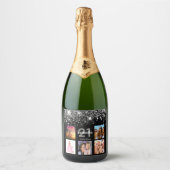 誕生日ブラック銀グリッター写真店名 スパークリングワインラベル (正面)