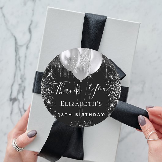 誕生日ブラック銀グリッター名感謝していyou ラウンドシール