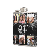 誕生日ブラック銀グリッター名photo collage フラスク (左)