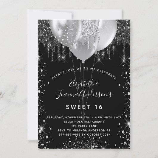 誕生日ブラック銀グリッター風船双生児 招待状 (正面)