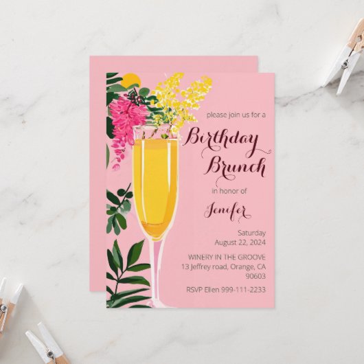 誕生日ブランチのミモザ ウォーターカラー招待状 招待状 (正面/裏面インサイチュ)