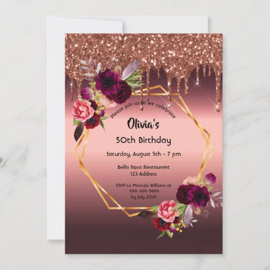 誕生日ブルゴーニュの花グリッター幾何学的 招待状 (正面)