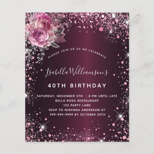 誕生日ブルゴーニュグリッターフローラ予算の招待 チラシ (正面)