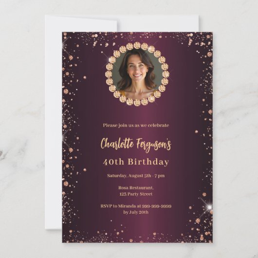 誕生日ブルゴーニュダイヤモンドグリッター写真 招待状 (正面)
