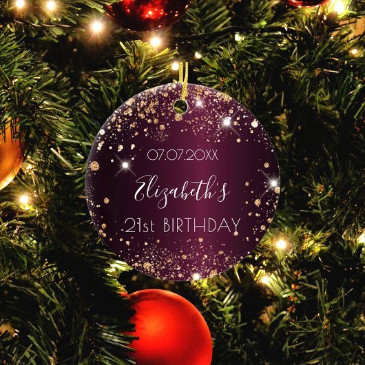 誕生日ブルゴーニュバラ金ゴールドグリッター名elegan セラミックオーナメント