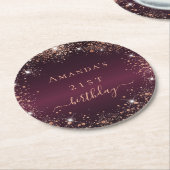 誕生日ブルゴーニュバラ金ゴールド名エレガント ラウンドペーパーコースター (アングル)