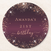 誕生日ブルゴーニュバラ金ゴールド名エレガント ラウンドペーパーコースター (正面)