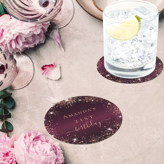 誕生日ブルゴーニュバラ金ゴールド名エレガント ラウンドペーパーコースター